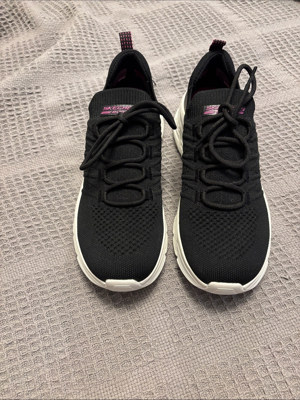 Skechers Women’s Black Knit Slip-On Sneakers, White Sole. New, never worn.